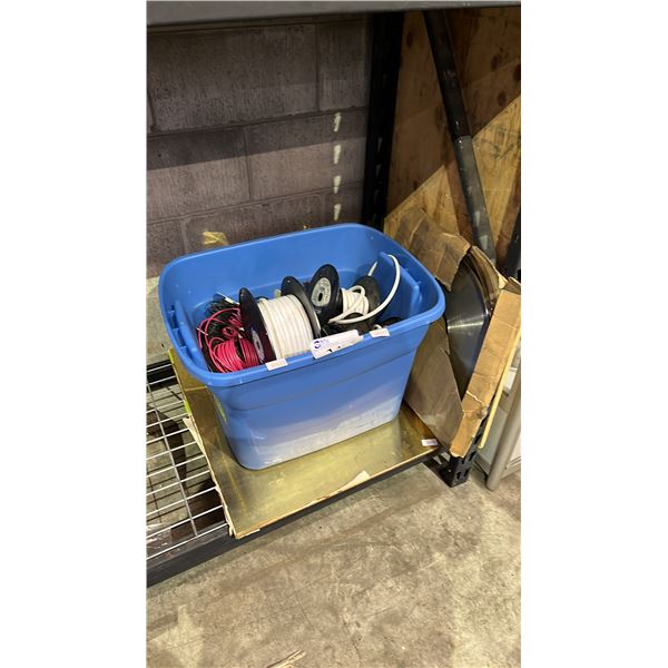 BIN OF ASSORTED CABLES, SPOOL OF STEEL STRAPPING & 2 METAL PIECES