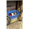 Image 1 : BIN OF ASSORTED CABLES, SPOOL OF STEEL STRAPPING & 2 METAL PIECES