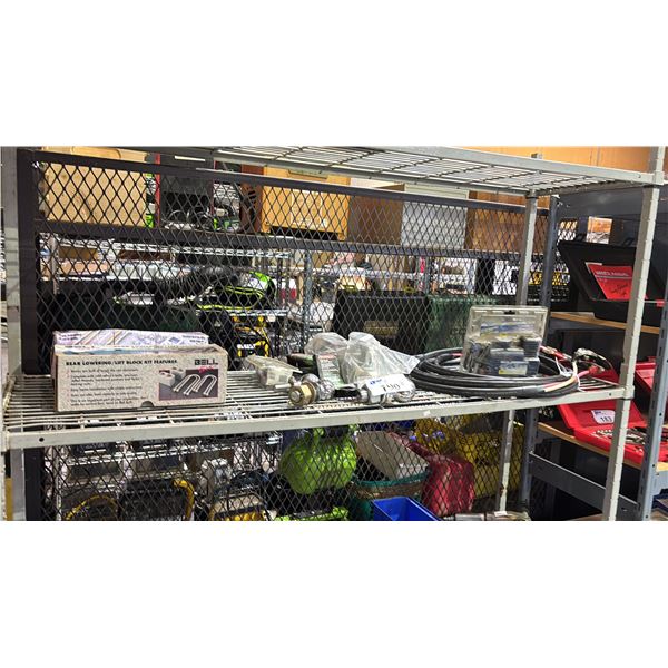 SHELF OF ASSORTED TRAILER HITCHES, 12V AIR COMPRESSOR, JUMPER CABLES & REAR LOWERING BLOCK KITS