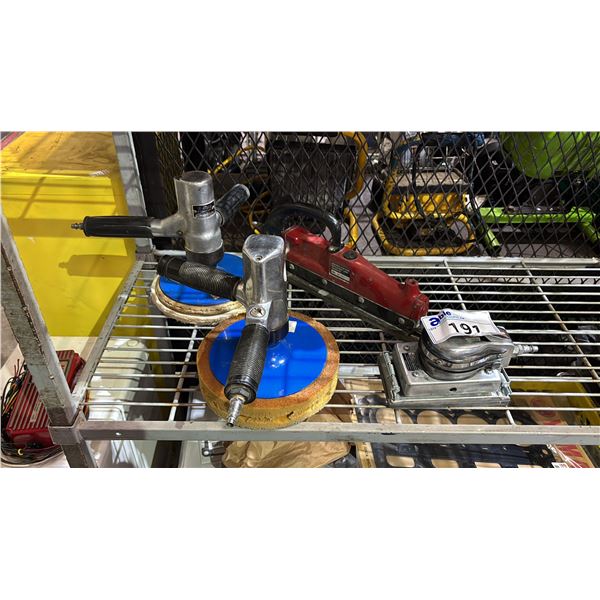 4 PNEUMATIC SANDERS INCLUDING 2 DISC SANDERS, JITTERBUG PALM SANDER & DOUBLE PISTON STRAIGHT LINE