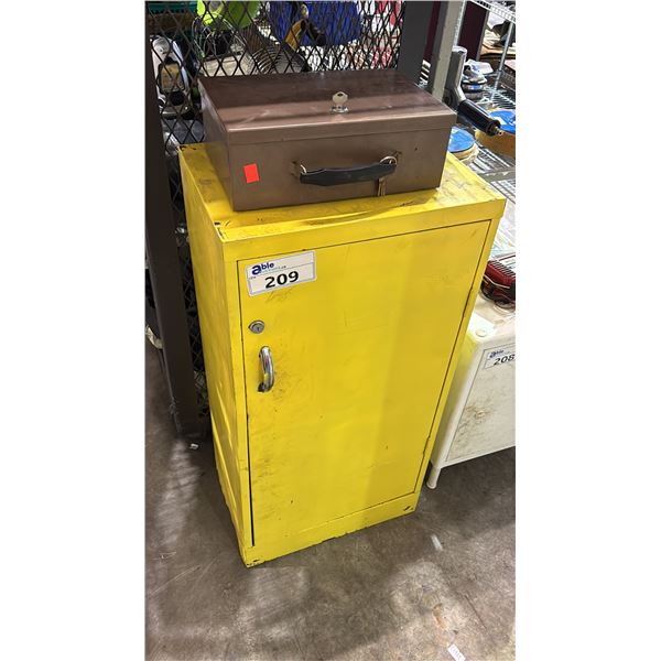 YELLOW METAL STORAGE CABINET APPROX 17.5"W X 12" D X 34.5" H & SMALL BROWN LOCKBOX