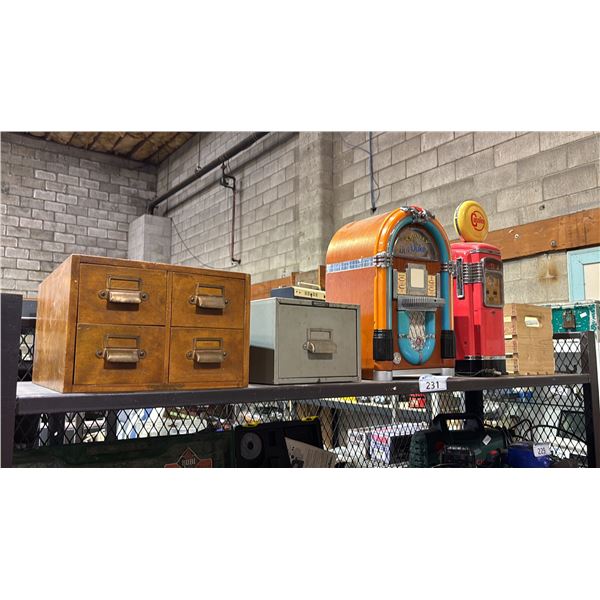 SHELF OF ASSORTED JOBSITE LIGHTS, 2 SPOTLIGHTS & ASSORTED TOOLS/PARTS