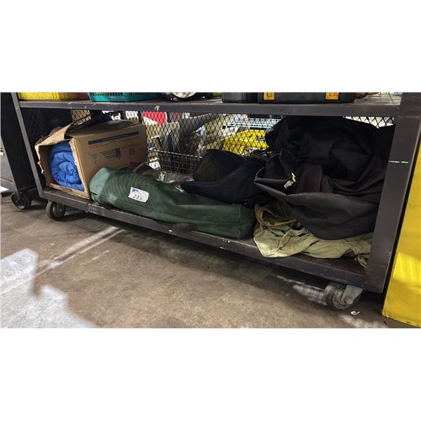 2 CAMPING CHAIRS IN CANVAS BAGS, SLEEPING BAG & ASSORTED BAGS/COVERS