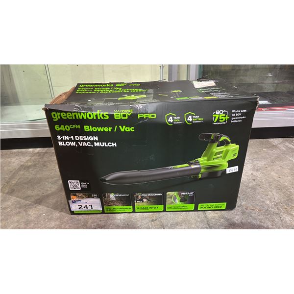 GREENWORKS 3-IN-1 BLOWER IN BOX *NO BATTERY OR CHARGER, UNKNOWN WORKING CONDITION*