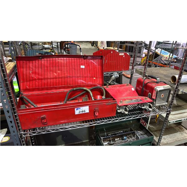 LARGE RED PORT-A-POWER, 1- 1500LB CAR DOLLY & HONEYWELL ELECTRIC HEATER