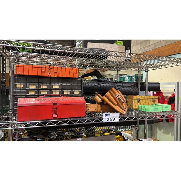 SHELF OF ASSORTED DRILL BITS, STAPLES, TOOL BELT, TOOL BOXES & MORE
