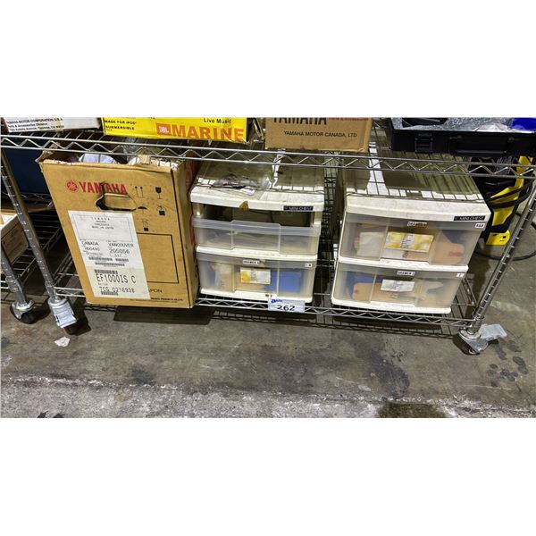 SHELF OF ASSORTED YAMAHA PARTS & 2 PLASTIC STORAGE DRAWER UNITS