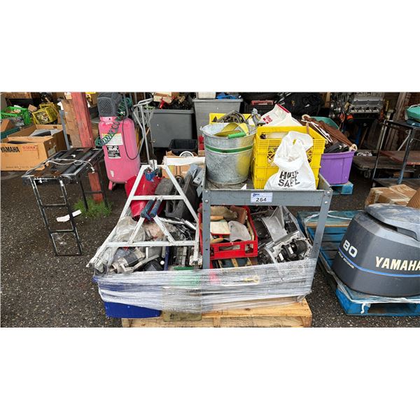 PALLET OF ASSORTED MARINE/AUTOMOTIVE PARTS, METAL 2 TIER SHOP CART, HARDWARE, STRAPS & MORE