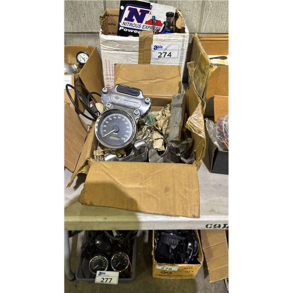 BOX OF HARLEY DAVIDSON CUSTOM SPEEDOMETER & HANDLEBAR CLAMP