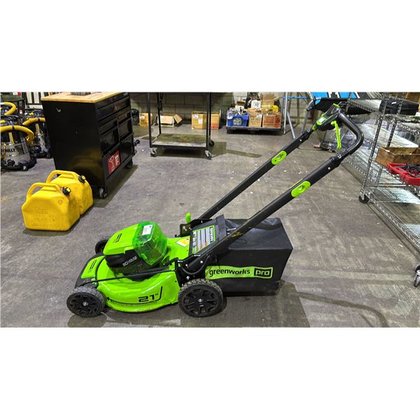 GREENWORKS PRO 21" CORDLESS BATTERY POWERED LAWN MOWER *NO BATTERY, NO CHARGER* *UNKNOWN WORKING