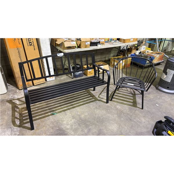 BLACK METAL PATIO BENCH & CHAIR
