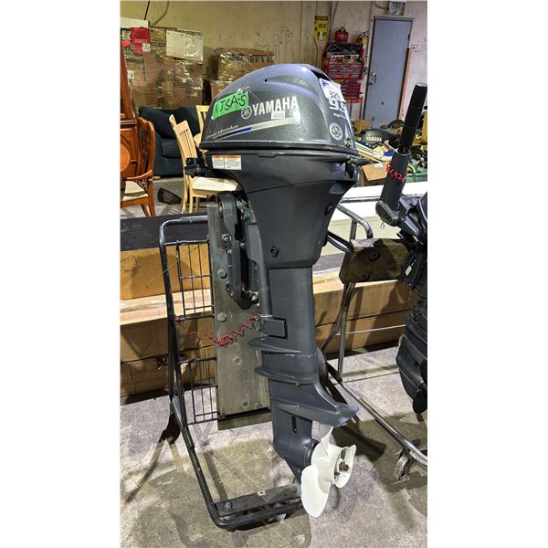 YAMAHA 9.9 HIGH THRUST FOUR STROKE MOTOR ON MOBILE STAND * UNKNOWN WORKING CONDITION*