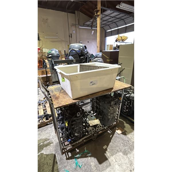 ASSORTED ENGINE PARTS ON MOBILE 2 TIER CART