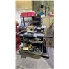 Image 1 : METAL 3 TIER SHOP CART WITH ASSORTED SHOP ITEMS INCLUDING BENCH VICE, GRINDER WHEEL, PARTS,