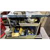 Image 3 : METAL 3 TIER SHOP CART WITH ASSORTED SHOP ITEMS INCLUDING BENCH VICE, GRINDER WHEEL, PARTS,