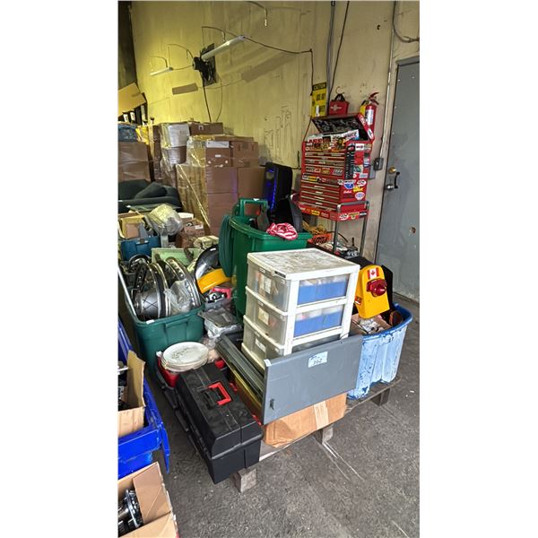 PALLET OF ASSORTED MOTORCYCLE PARTS, SADDLEBAGS, FENDERS & MORE