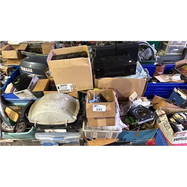 PALLET OF ASSORTED STEREO EQUIPMENT, PAINTBALLS, MARINE BBQ, LINENS, PARTS & MORE