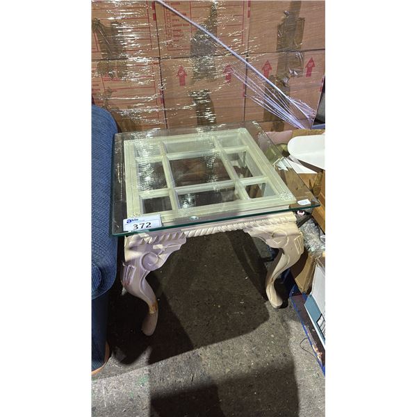 CARVED WOOD GLASS TOP ACCENT TABLE