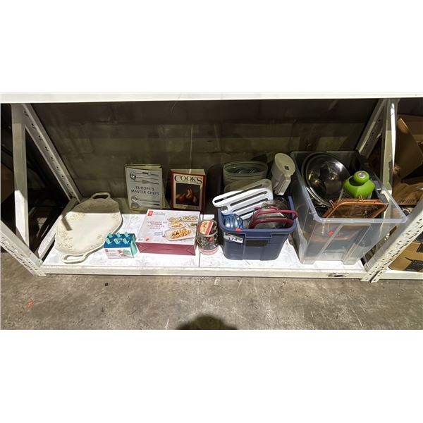 SHELF OF ASSORTED KITCHEN ITEMS INCLUDING SERVING PLATES, STORAGE CONTAINERS, STAINLESS STEEL