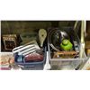 Image 2 : SHELF OF ASSORTED KITCHEN ITEMS INCLUDING SERVING PLATES, STORAGE CONTAINERS, STAINLESS STEEL