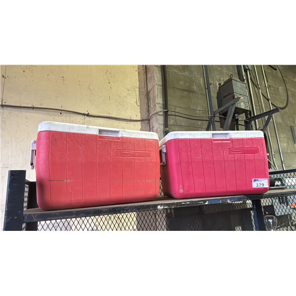 PAIR OF RED COLEMAN CAMPING COOLERS, LULULEMON YOGA MAT & UMBRELLA