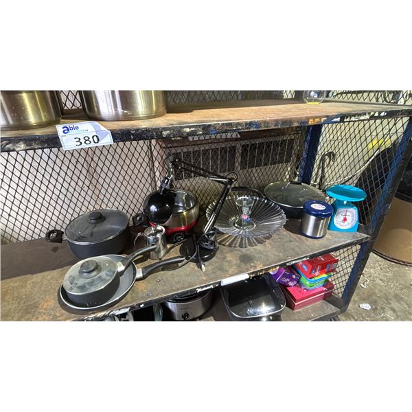 SHELF OF ASSORTED POTS, PANS, SCALE, LIGHT, SERVING BOWL, THERMOS & MORE