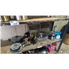 Image 1 : SHELF OF ASSORTED POTS, PANS, SCALE, LIGHT, SERVING BOWL, THERMOS & MORE