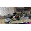 Image 2 : SHELF OF ASSORTED POTS, PANS, SCALE, LIGHT, SERVING BOWL, THERMOS & MORE