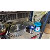 Image 3 : SHELF OF ASSORTED POTS, PANS, SCALE, LIGHT, SERVING BOWL, THERMOS & MORE