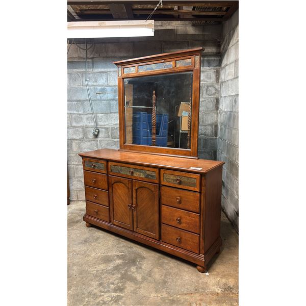 RUSTIC BROWN WOOD DRESSER WITH MIRROR APPROX 66"W