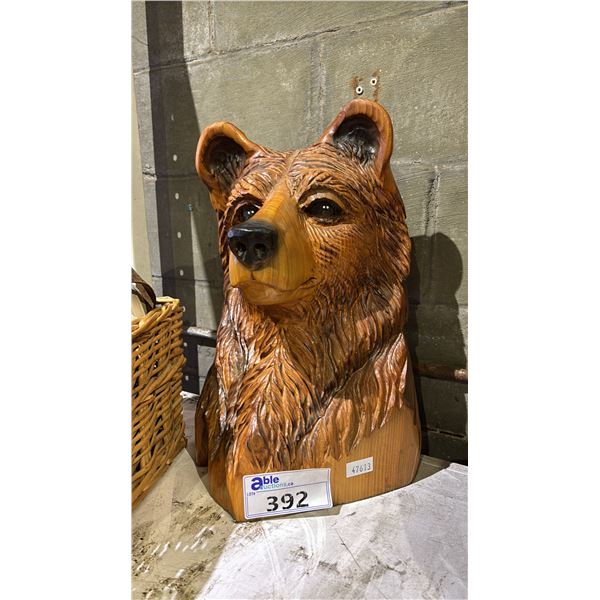 CARVED WOOD BEAR HEAD STATUE