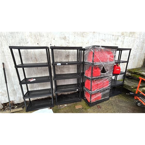 6 PLASTIC ADJUSTABLE UTILITY SHELVING UNITS WITH ASSORTED JERRY CANS