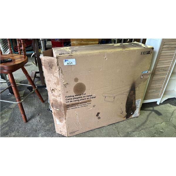 FOLDING METAL COT WITH FLORAL PRINT MATTRESS