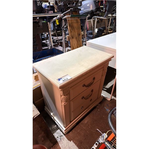 WHITE CARVED WOOD 3 DRAWER NIGHTSTAND