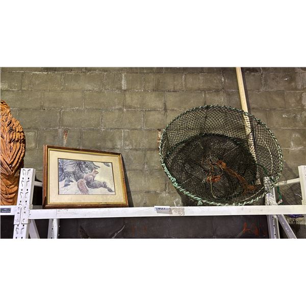 LARGE LIVE CRAB TRAP & ROBERT BATEMAN SQUIRREL PAINTING