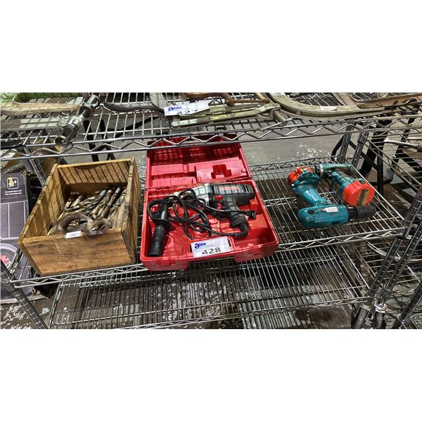 SHELF OF ASSORTED TOOLS INCLUDING; MAKITA CORDLESS DRILLS WITH BATTERIES (NO CHARGER), CRAFTSMAN