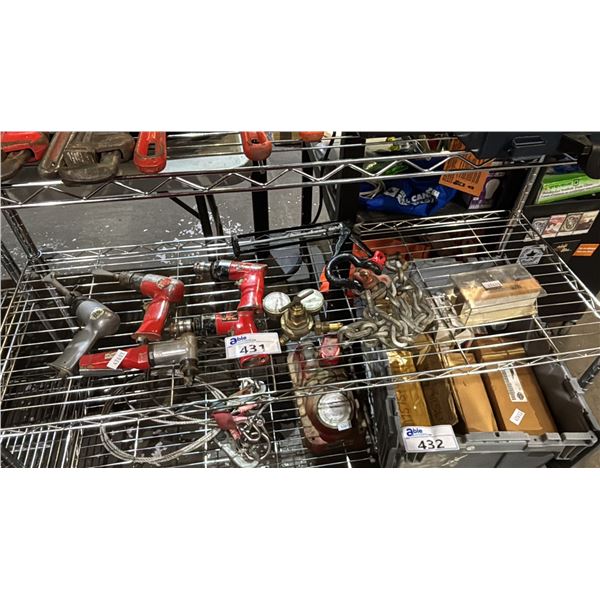 SHELF OF ASSORTED TOOLS INCLUDING; AIR WRENCHES, CAULKING GUN, ROUTER BIT SET & MORE