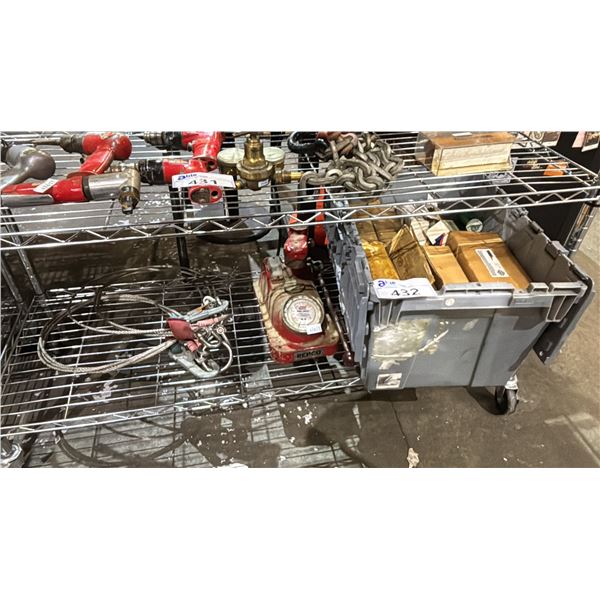 SHELF OF ASSORTED TOOLS INCLUDING; MOTORCYCLE PARTS, HEAVY-DUTY PRESS & MORE