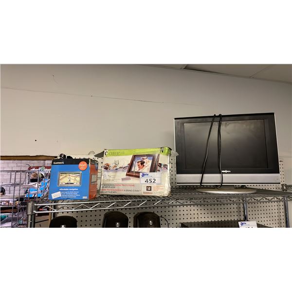 SHELF OF ASSORTED ITEMS INCLUDING; INSIGNIA TV, GARMIN GPS & 7" WIDESCREEN DIGITAL PHOTO FRAME WITH