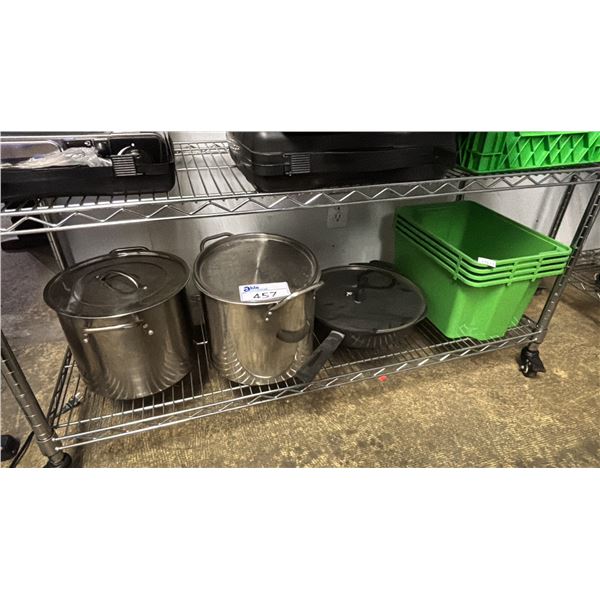 SHELF OF ASSORTED COOKWARE & STORAGE BINS