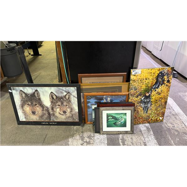LARGE ASSORTMENT OF FRAMED PRINTS; WOLVES, BEARS & MORE