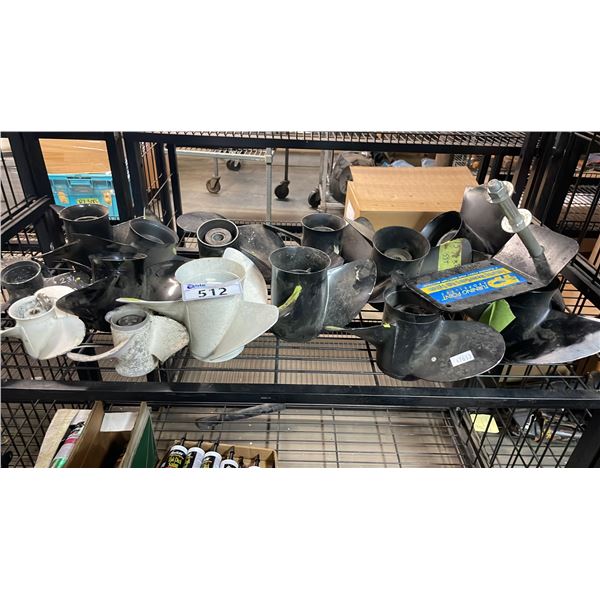 SHELF OF ASSORTED PROPELLERS & TURNING POINT PROPELLER STAND