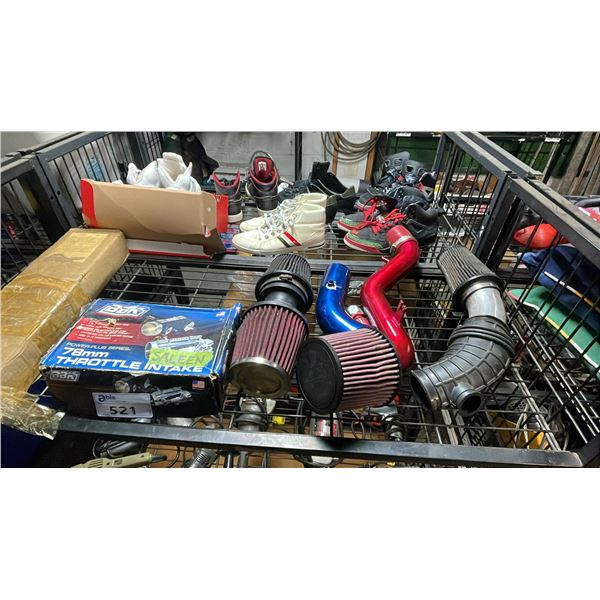SHELF OF ASSORTED MOTORCYCLE PARTS