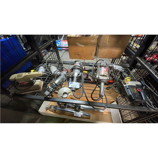 SHELF OF ASSORTED POWER TOOLS