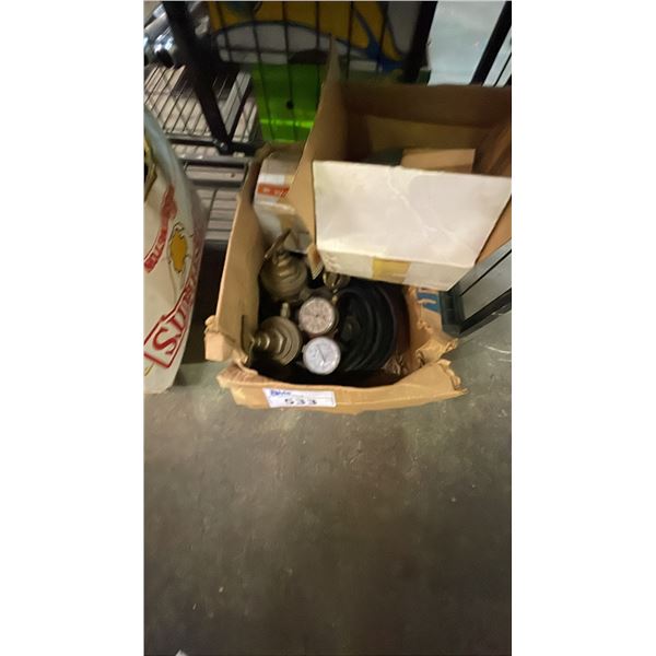 BOX OF ASSORTED PRESSURE GAUGES, CUTTING DISCS, GRINDER DISCS & MORE