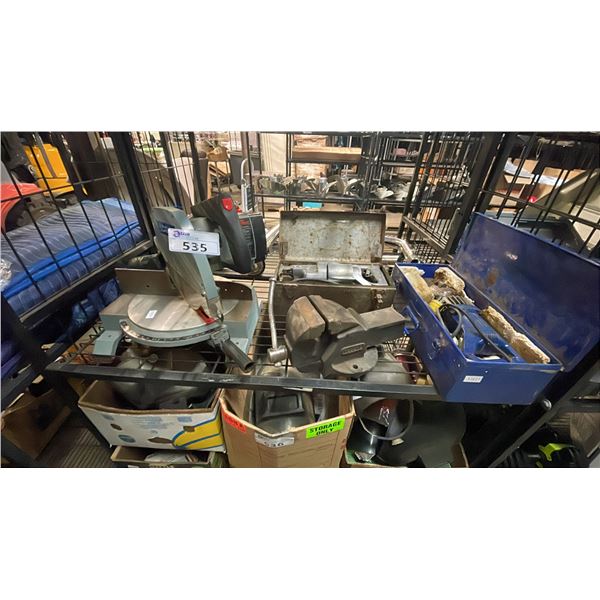 SHELF OF ASSORTED TOOLS INCLUDING; DELTA MITER SAW, BENCH GRINDER & RECIPROCATING SAWS