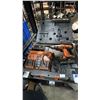 Image 2 : SHELF OF ASSORTED TOOLS INCLUDING; RIDGID CORDLESS DRILL WITH BATTERIES, CHARGER & CASE, ANGLE