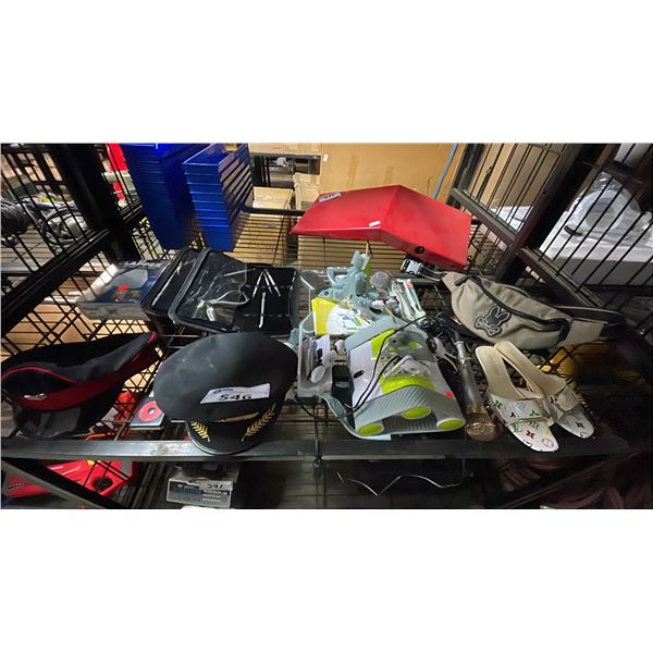 SHELF OF ASSORTED ITEMS INCLUDING; CAPTAINS HATS, FANNY PACK, SHOES, RC CAR & MORE