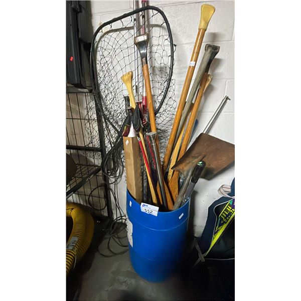 BUCKET OF ASSORTED ITEMS INCLUDING; FISHING NET, PADDLES, SHOVEL & MORE