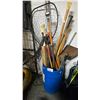 Image 1 : BUCKET OF ASSORTED ITEMS INCLUDING; FISHING NET, PADDLES, SHOVEL & MORE